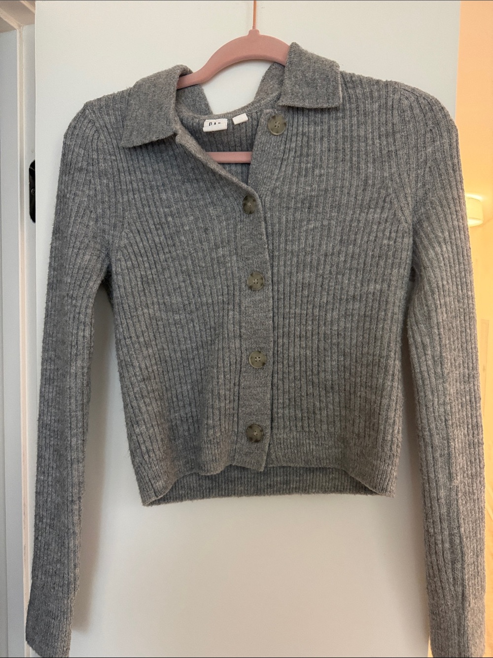 GAP Gray Ribbed Button-Front Collared Cardigan